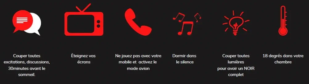 conseils a mettre en œuvre afin de bien dormir, une image presente des pictogrammes.