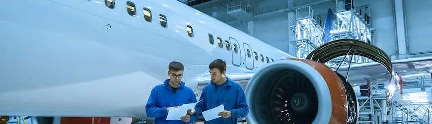 Deux intérimaires travaillant dans un hangar d’assemblage de l’industrie aéronautique.