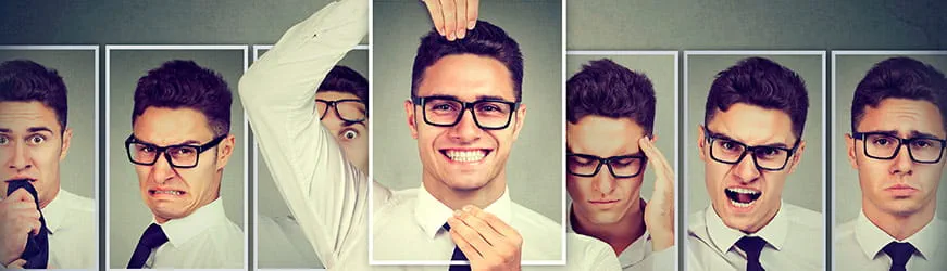 plusieurs portraits d’un meme jeune homme avec différentes émotions