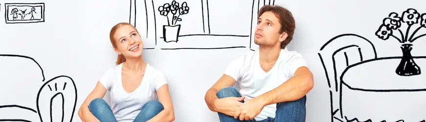 un jeune couple assi dans un décor illustré d’appartement