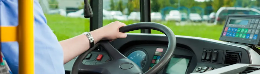 les mains d’un conducteur sur le volant d’un car