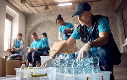Un salarié qui réalise une mission de bénévolat d'entreprise, en train de remplir un carton de denrées alimentaires. Un salarié qui réalise une mission de bénévolat d'entreprise, en train de remplir un carton de denrées alimentaires.
