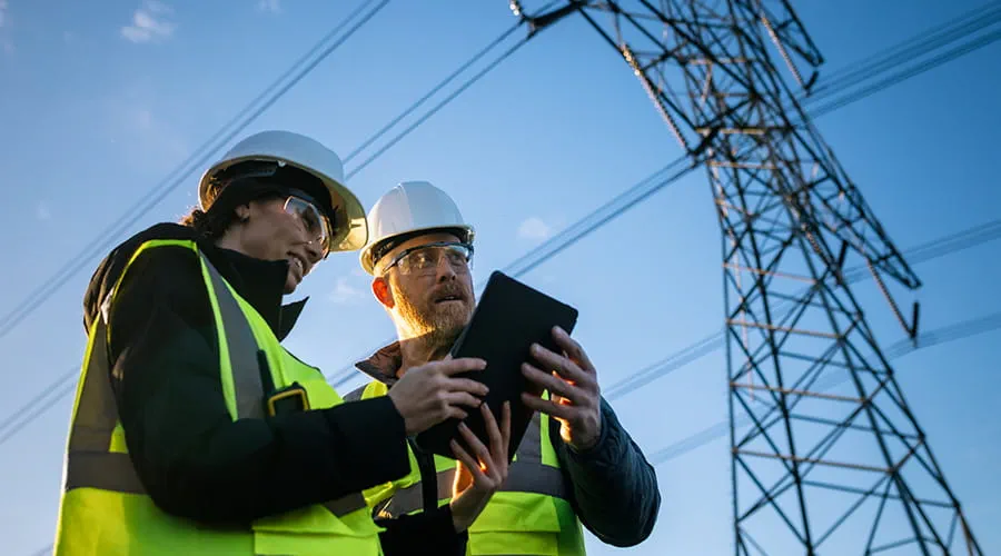 Trabajadores de líneas eléctricas examinando pilones eléctricos Trabajadores de líneas eléctricas examinando pilones eléctricos