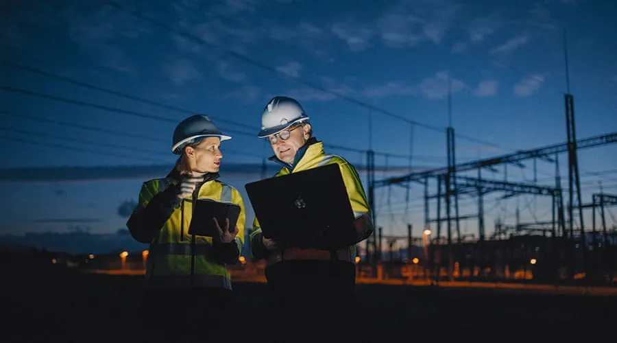 Ingenieros eléctricos parados en una central eléctrica durante la noche Ingenieros eléctricos parados en una central eléctrica durante la noche