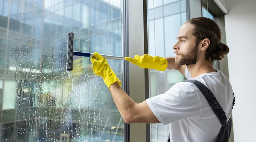 Persona de limpieza limpindoa las ventanas de la oficina Persona de limpieza limpindoa las ventanas de la oficina