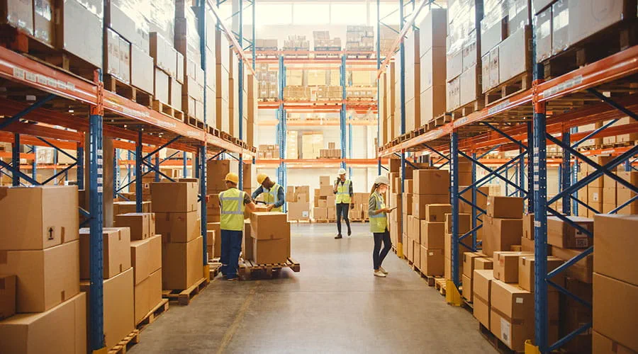 Almacén lleno de estantes con mercancías en cajas de cartón Almacén lleno de estantes con mercancías en cajas de cartón