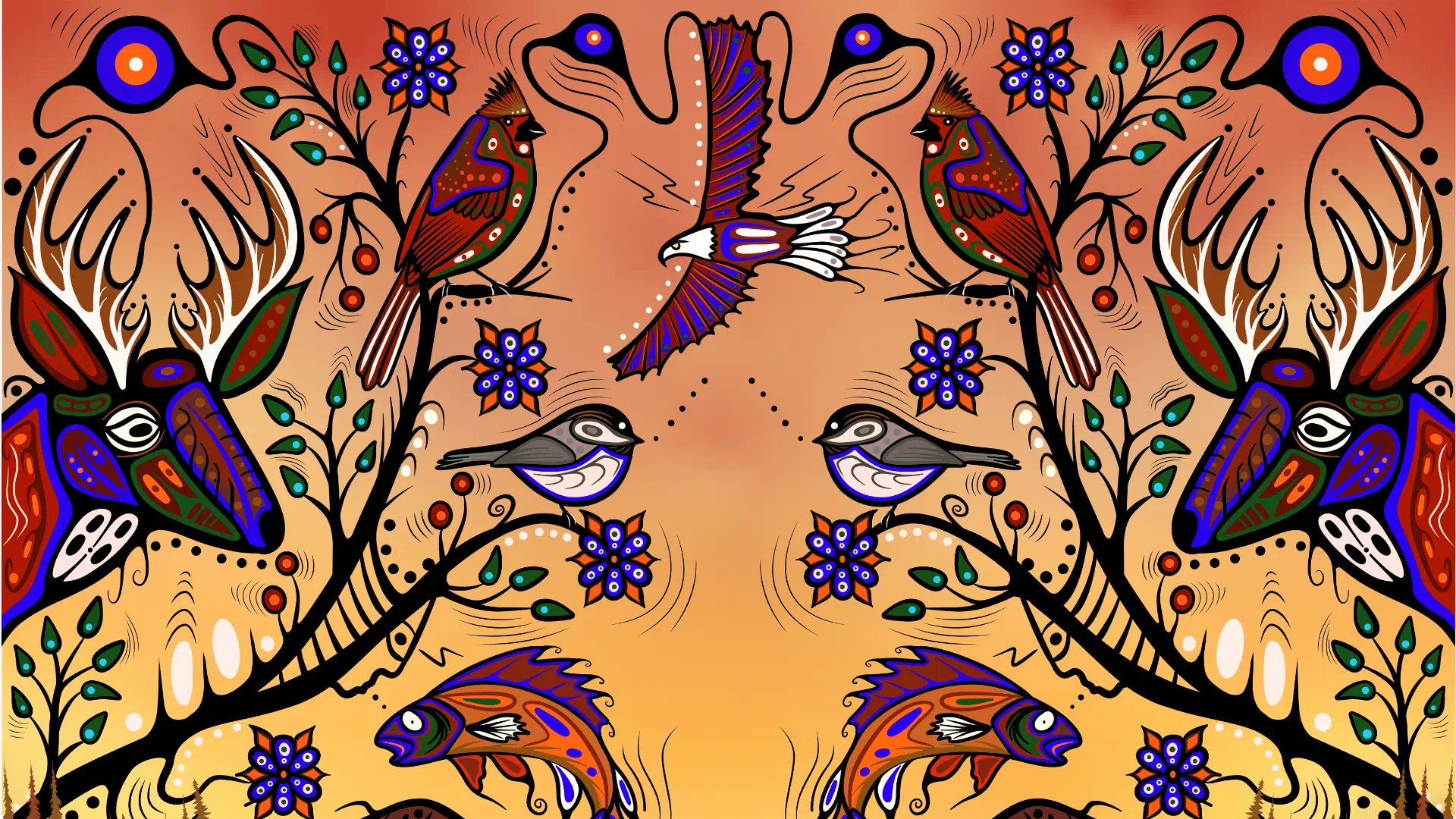 Custom artwork by Cody James Houle, Reconnecting, featuring mirrored birds, butterflies, flowers, plants, and other animals arranged symmetrically around a warm, earthy central space. Inspired by Ojibway teachings of balance, relationship, and the circle of life, the piece reflects healing through reconnection to land, spirit, oneself, and intergenerational kinship. Custom artwork by Cody James Houle, Reconnecting, featuring mirrored birds, butterflies, flowers, plants, and other animals arranged symmetrically around a warm, earthy central space. Inspired by Ojibway teachings of balance, relationship, and the circle of life, the piece reflects healing through reconnection to land, spirit, oneself, and intergenerational kinship.