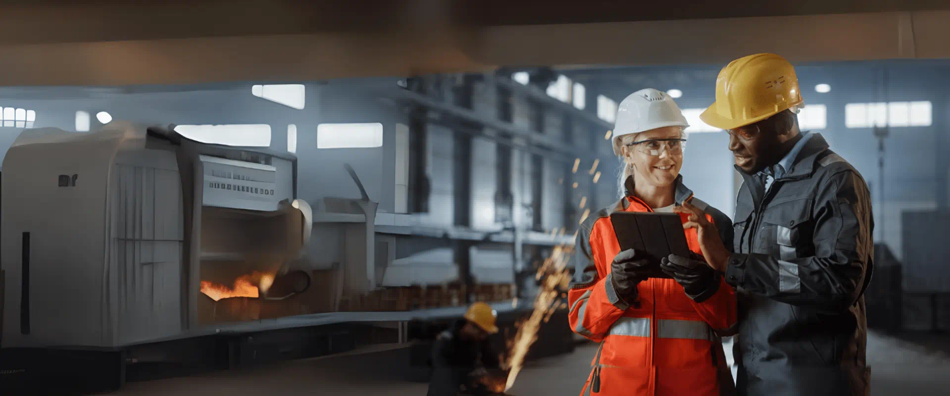 lächelnde Fabrikmitarbeiter mit Schutzhelm vor einer Maschine benutzen ein Tablet