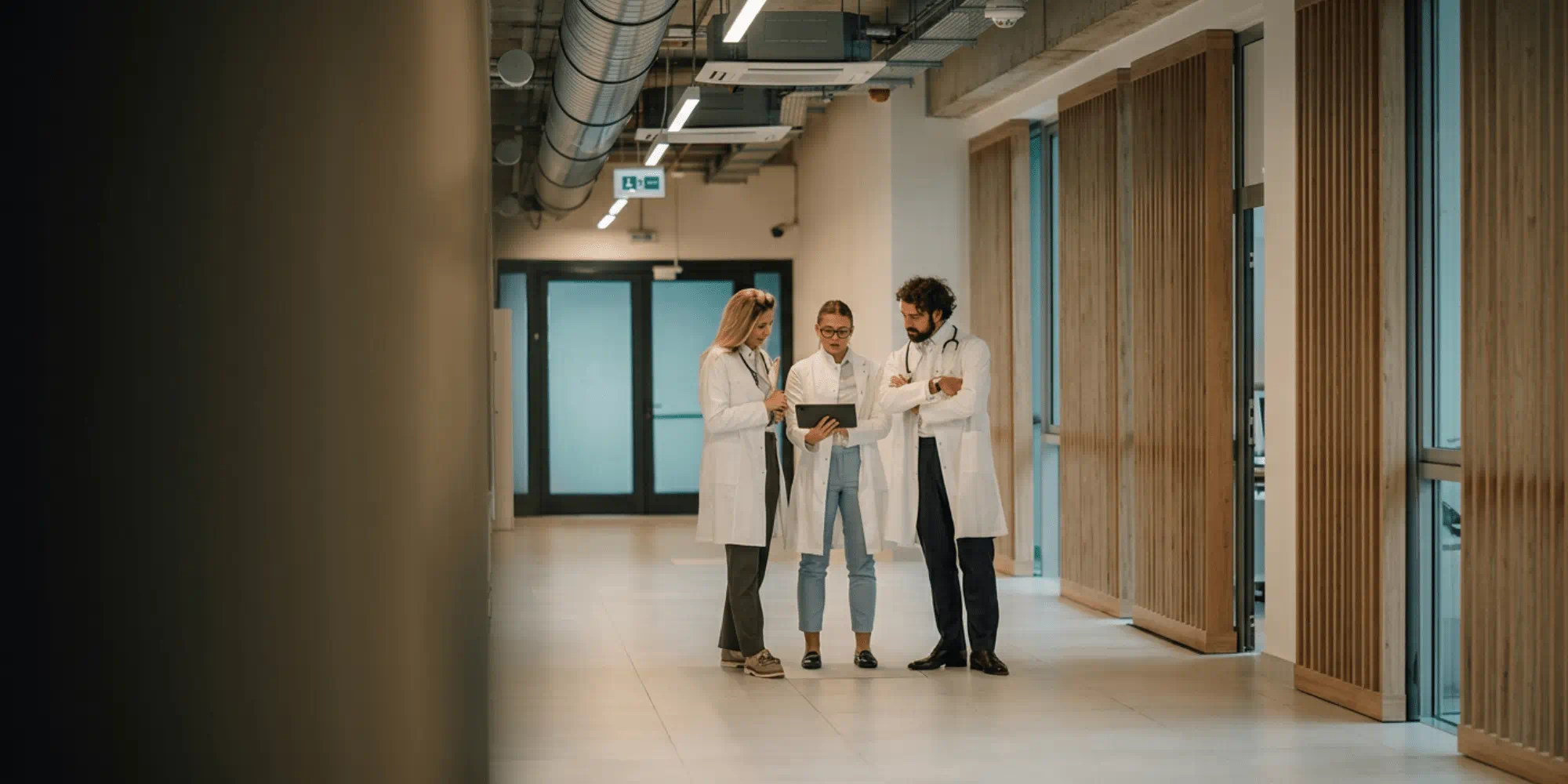 Three healthcare professionals during a spontaneous encounter in a hospital corridor 