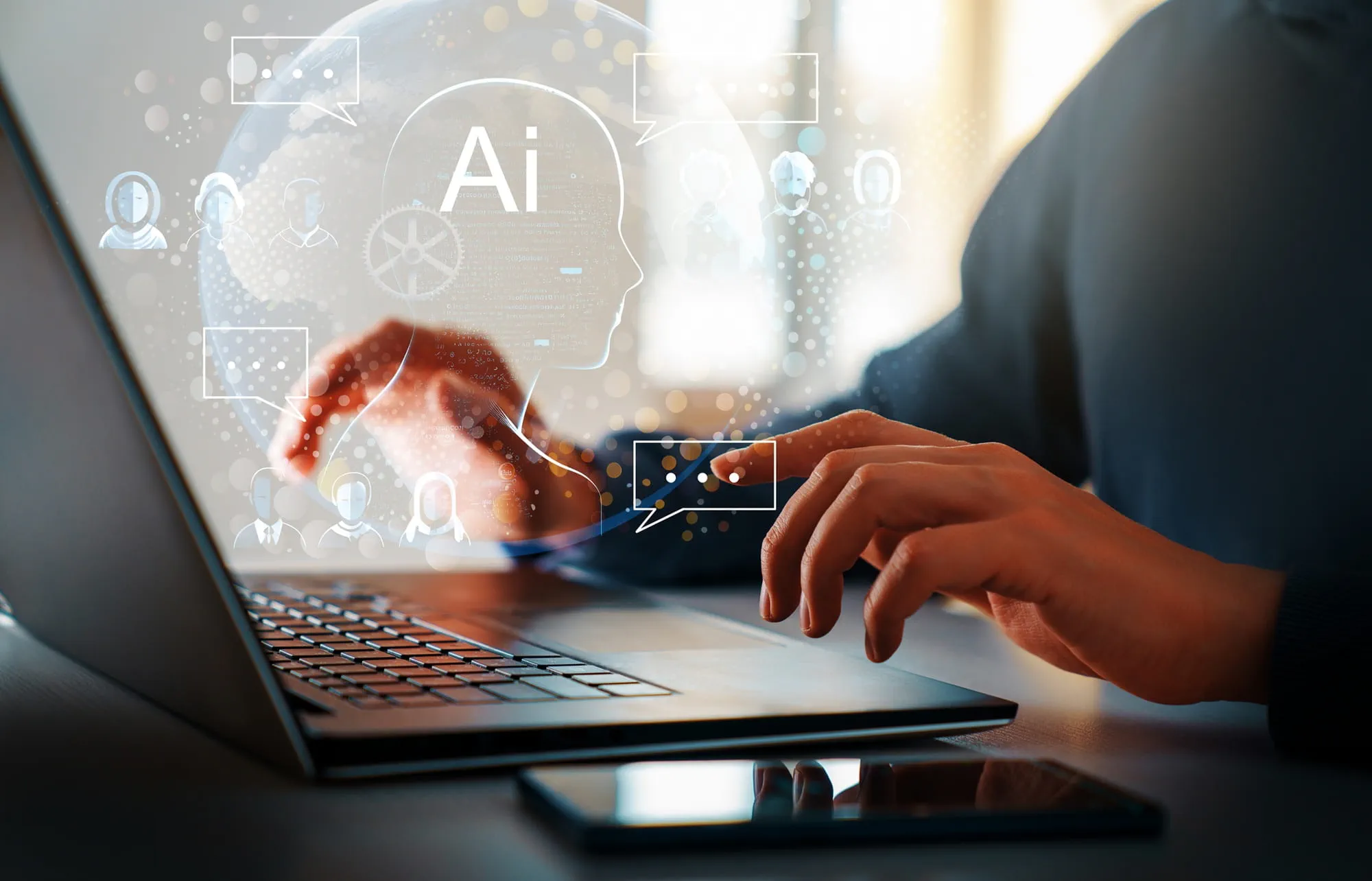 Close-up of hands on a computer keyboard – representing artificial intelligence and modern computer technology. Close-up of hands on a computer keyboard – representing artificial intelligence and modern computer technology.