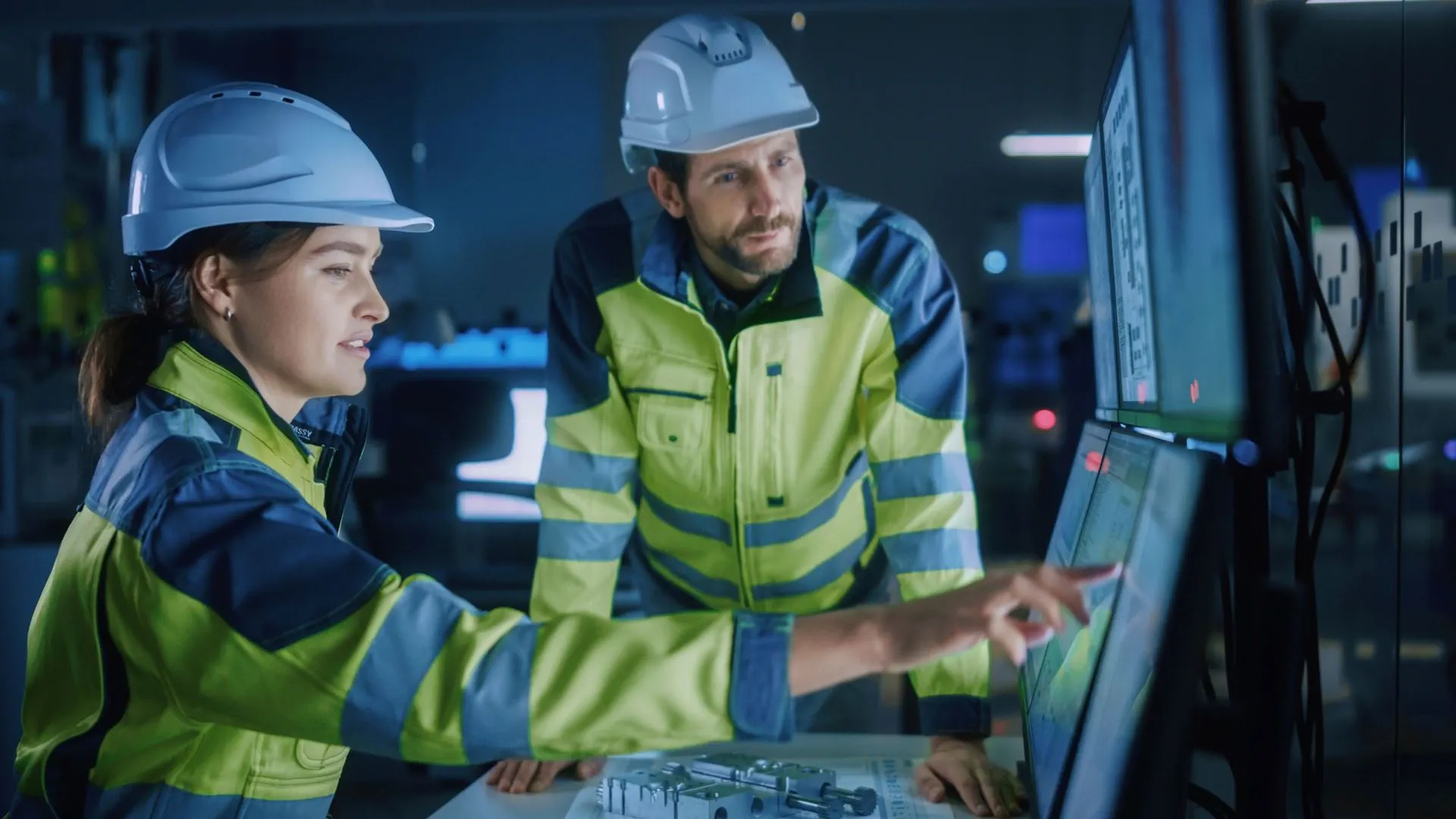 Due persone si trovano in un ambiente industriale o di controllo ad alta tecnologia. Indossano caschi di sicurezza e giacche gialle ad alta visibilità. Una persona indica un grande schermo che mostra dati e diagrammi, mentre l'altra osserva con attenzione. Sullo sfondo ci sono diversi monitor e apparecchiature tecniche, suggerendo un contesto dedicato al monitoraggio o alla gestione di sistemi industriali.