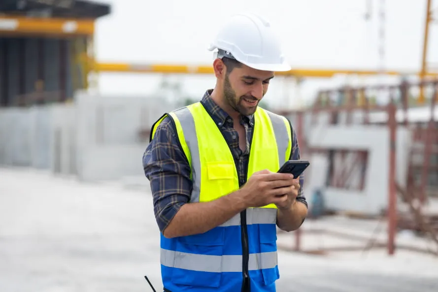 Mitarbeiter nutzt Adecco App auf der Baustelle Mitarbeiter nutzt Adecco App auf der Baustelle