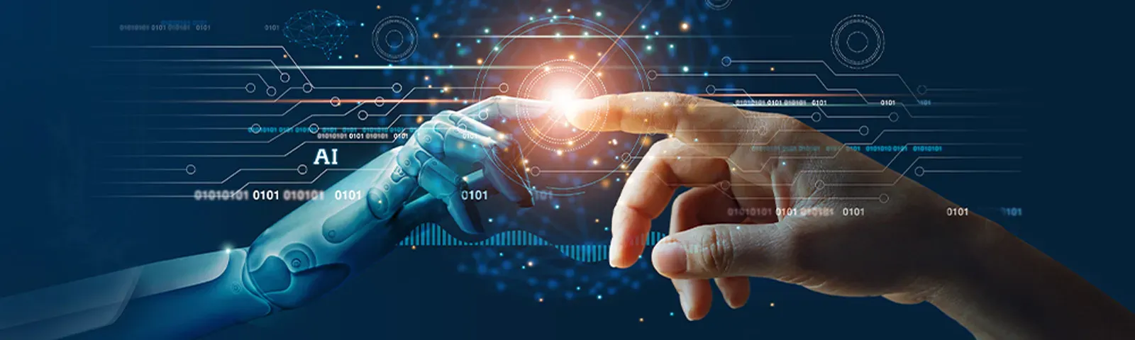 Hand und Roboterhand berühren sich Hand und Roboterhand berühren sich