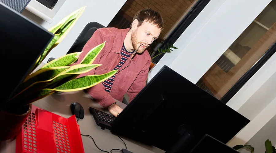 Man werkt op computer met plant op bureau op kantoor Man werkt op computer met plant op bureau op kantoor