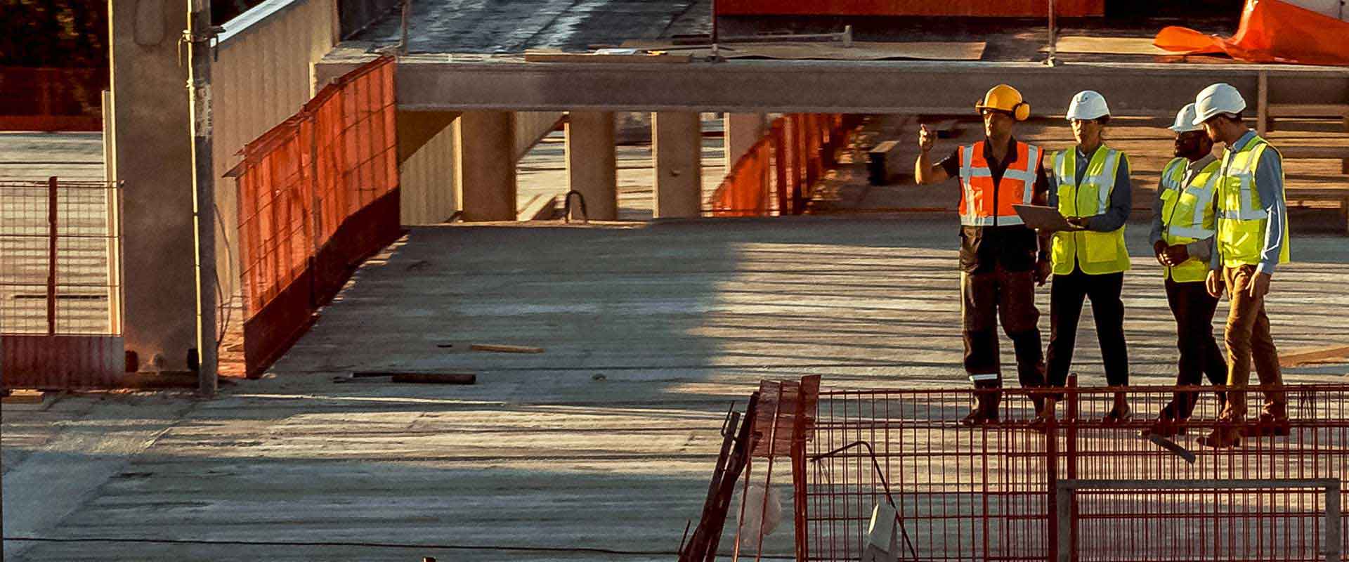 Construction team walking through large building site Construction team walking through large building site