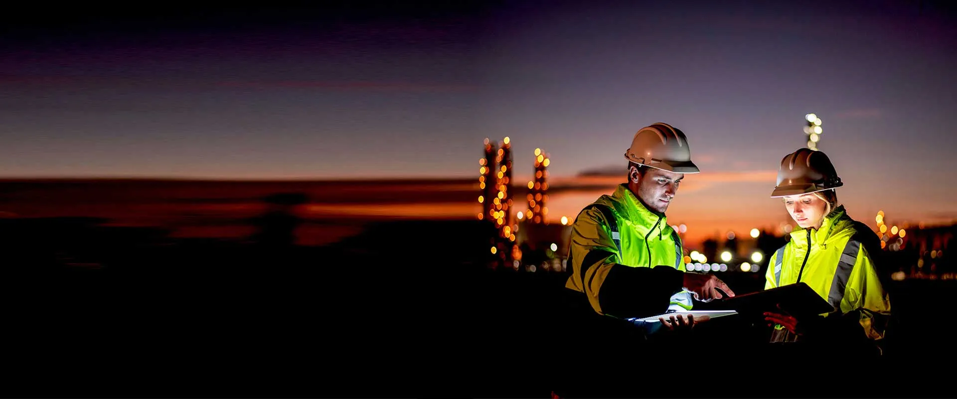 Energy workers reviewing plans at industrial site at sunset Energy workers reviewing plans at industrial site at sunset