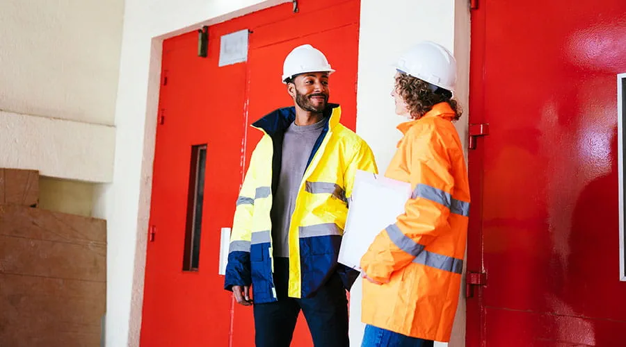 Trabajadores de la construcción con equipo de seguridad de pie cerca de una pared roja