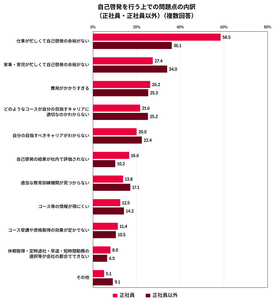 自己啓発を行う上での問題点の内訳（正社員・正社員以外）（複数回答）