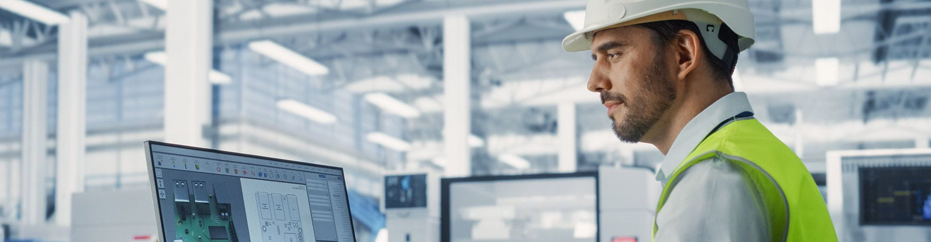 Un homme avec un casque blanc devant un ordinateur dans une usine