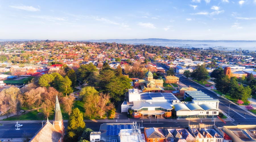 Aerial view of Bathurst town centre with autumn  foliage and urban layout