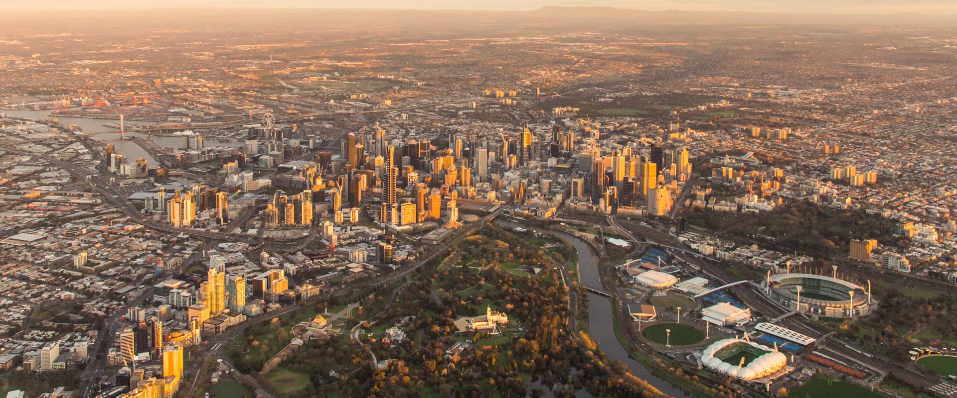 Panoramic view of Melbourne skyline during  sunset