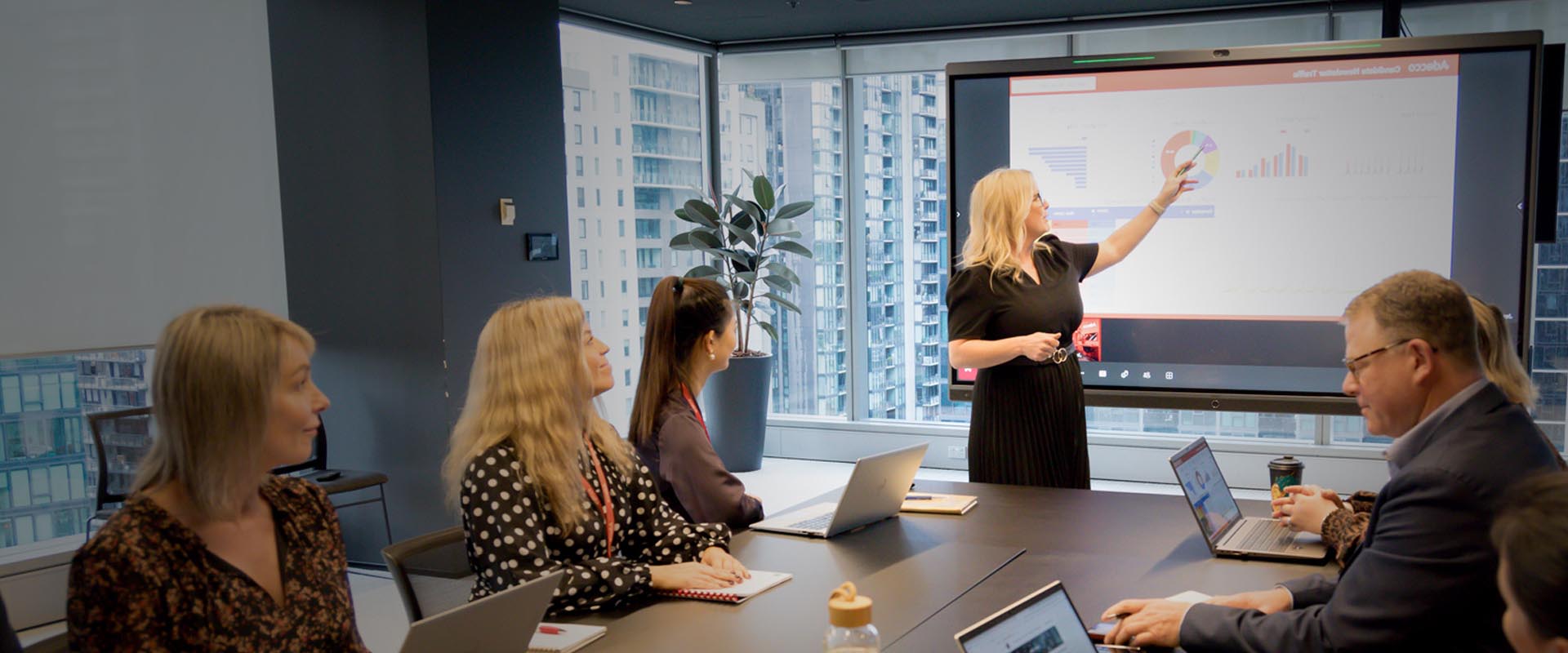 Adecco sales meeting in a modern conference room with a presentation on a smart screen