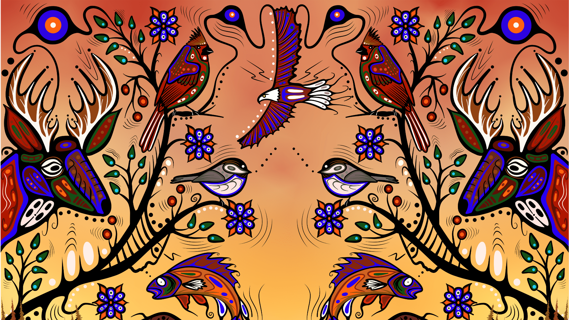 Œuvre d’art personnalisée de Cody James Houle, Reconnecting, représentant des oiseaux, des papillons, des fleurs, des plantes et d’autres animaux disposés en miroir autour d’un espace central aux tons chauds et terreux. Inspirée des enseignements ojibwés sur l’équilibre, les relations et le cercle de la vie, l’œuvre évoque un cheminement de guérison par la reconnexion à la terre, à l’esprit, à soi-même et aux liens de parenté intergénérationnels.