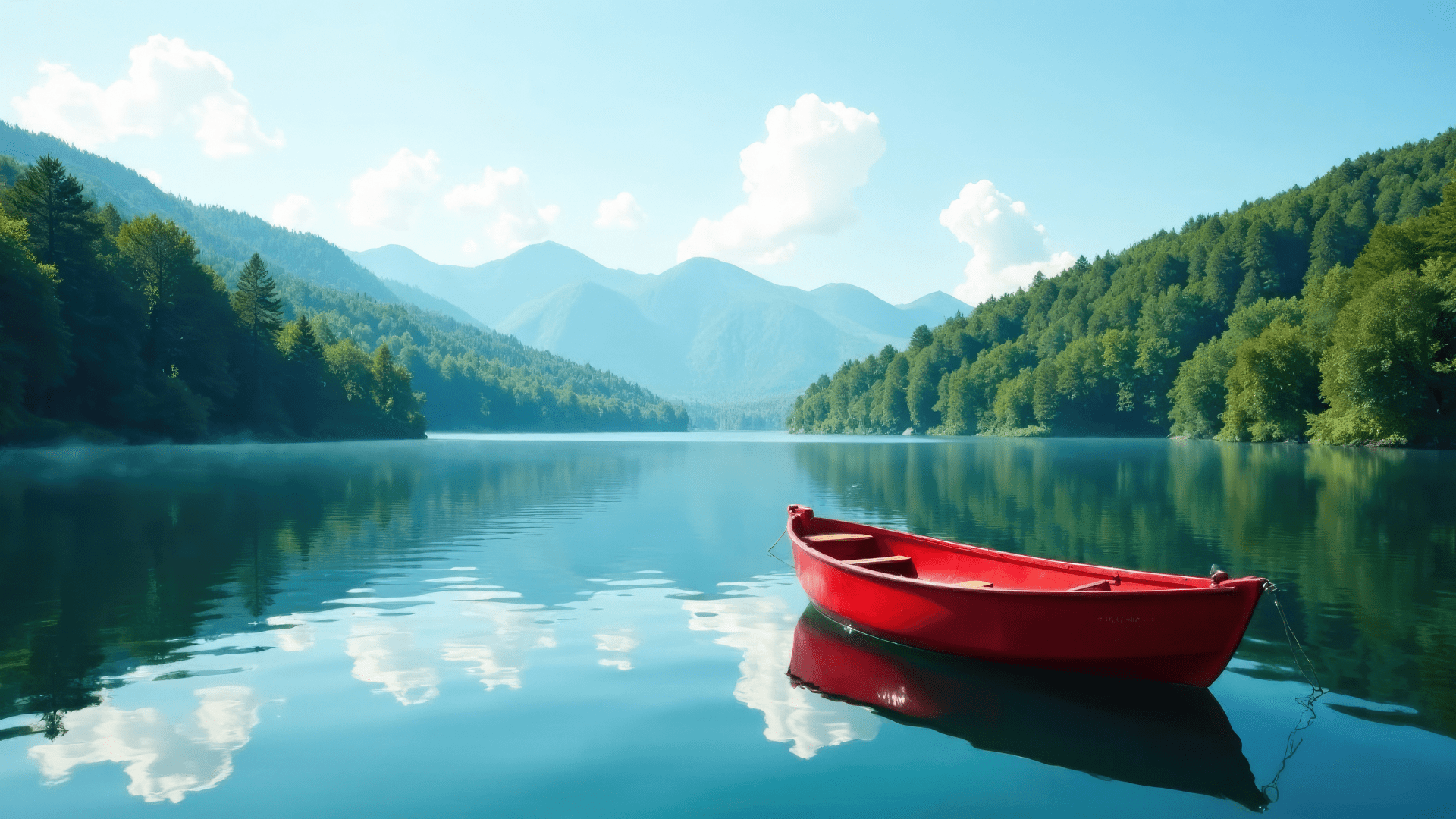 un canoë rouge sur un magnifique lac bleu entouré d'arbres