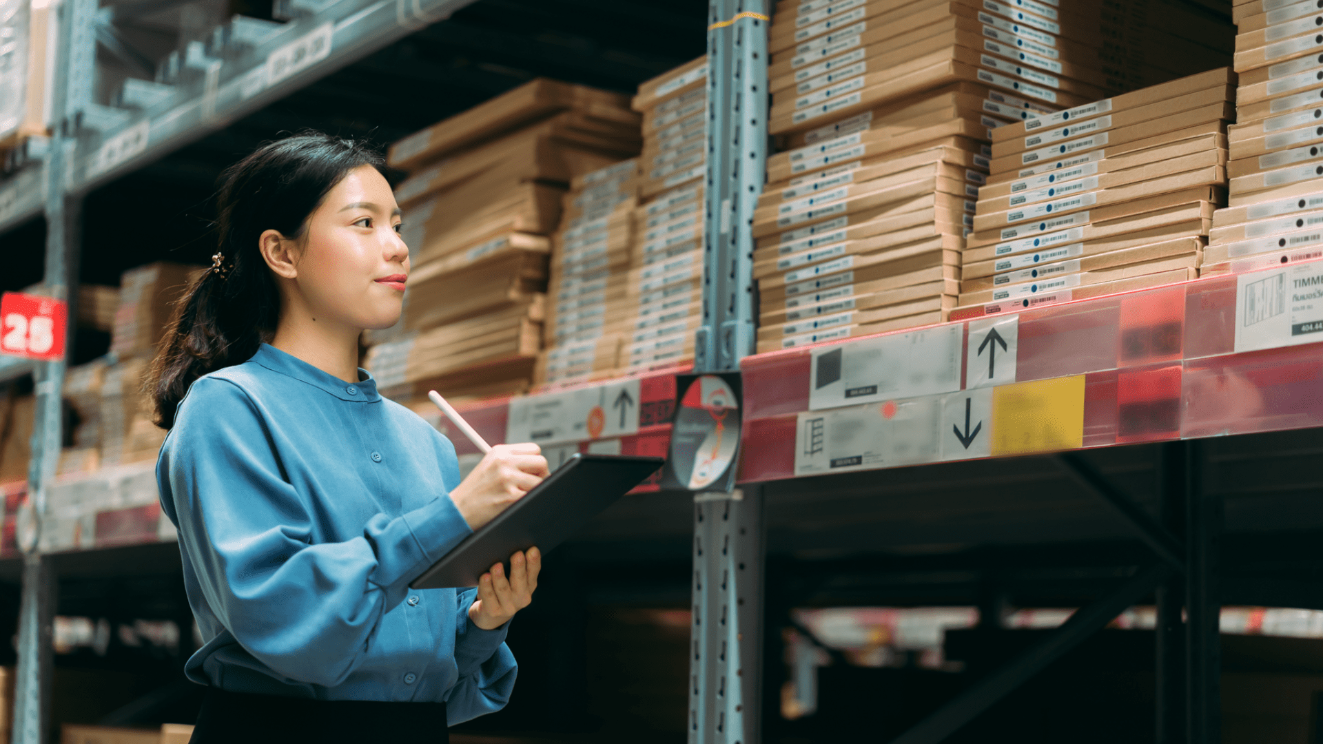 Une travailleuse d’entrepôt en chemise bleue utilise une tablette pour inspecter des piles de boîtes en carton sur des rayonnages industriels. Une travailleuse d’entrepôt en chemise bleue utilise une tablette pour inspecter des piles de boîtes en carton sur des rayonnages industriels.