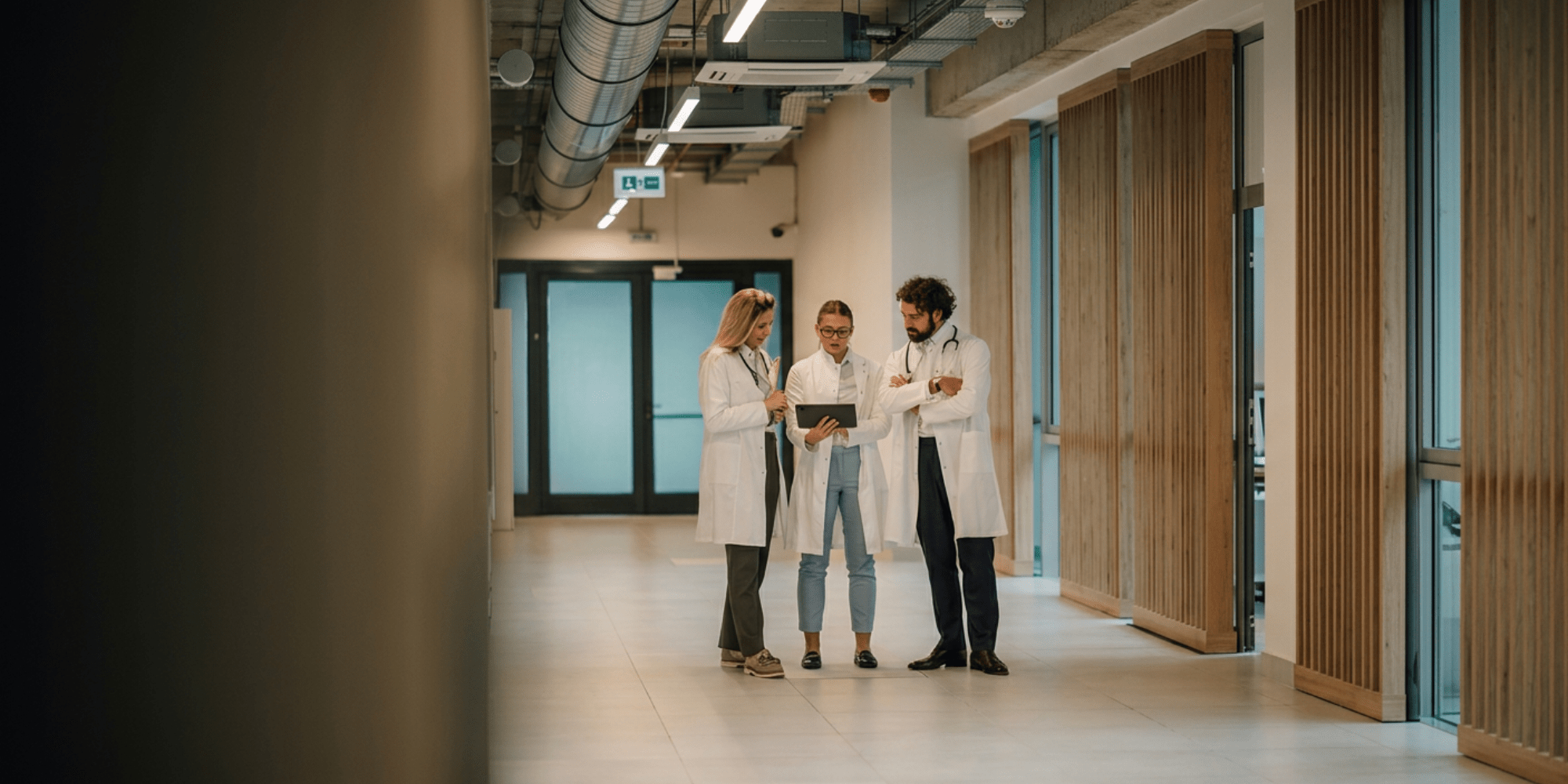 Three healthcare professionals during a spontaneous encounter in a hospital corridor 