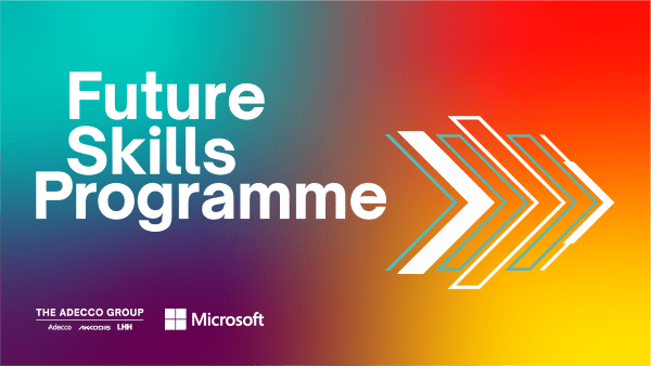 A promotional banner for the Future Skills Programme. The background features a gradient of dark green and blue tones with abstract geometric shapes in purple and blue. Centered prominently in large, bold black text is the title: "FUTURE SKILLS PROGRAMME."