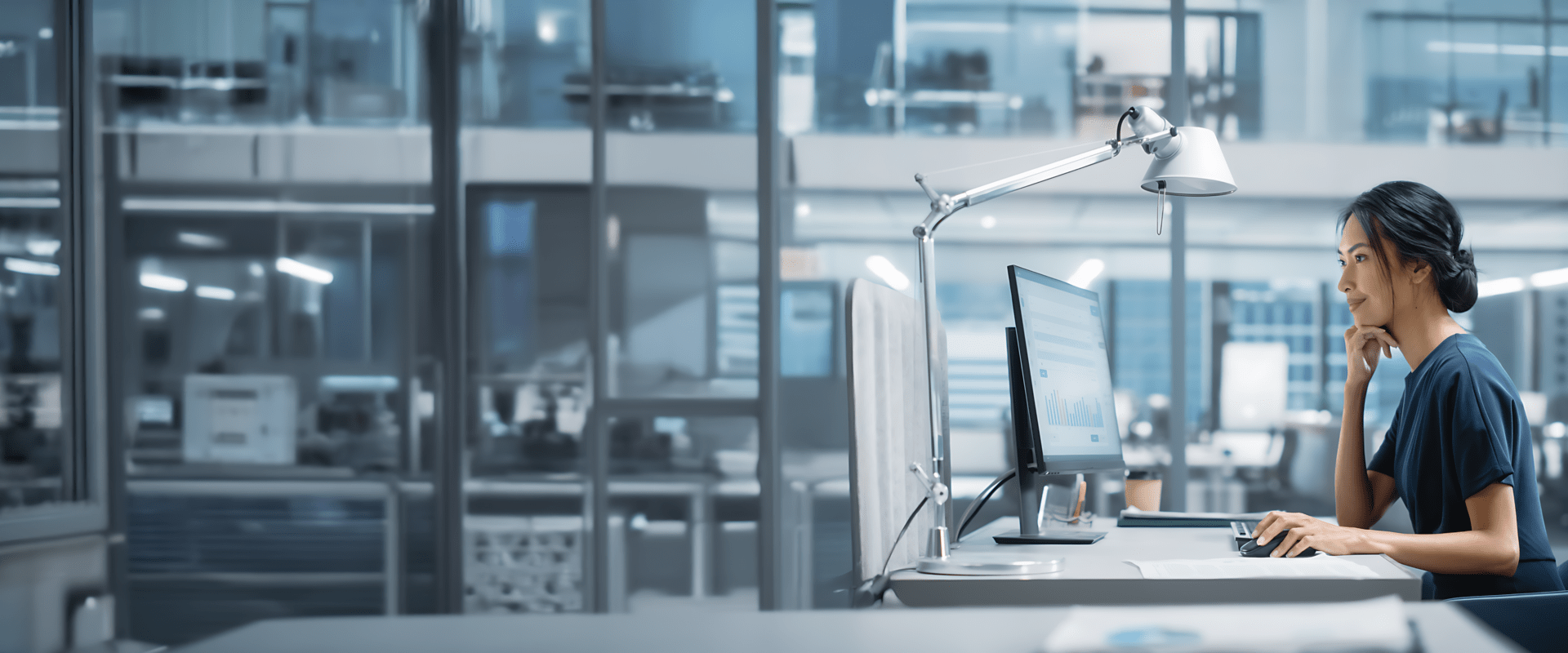 Eine Frau sitzt im Büro vor einem Computer.