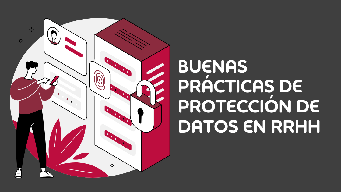Ilustración de un equipo de Recursos Humanos revisando políticas de protección de datos, con íconos de seguridad digital y documentos confidenciales, representando buenas prácticas de privacidad en empresas de Chile