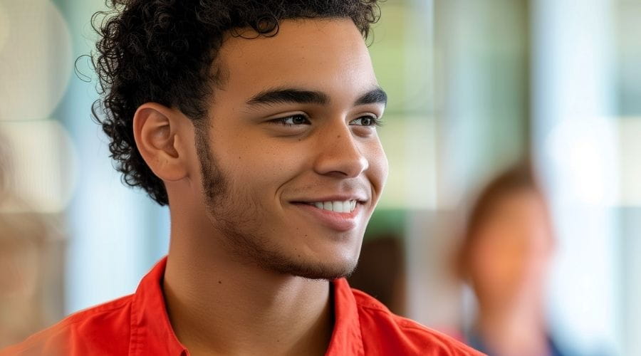Lachende jongen met rood overhemd