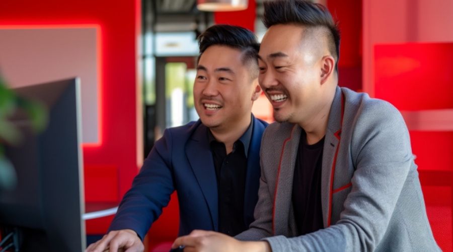 Twee mannen werken achter een laptop