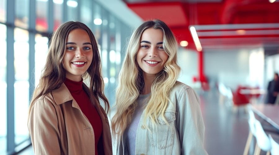 Lachende dames in camera