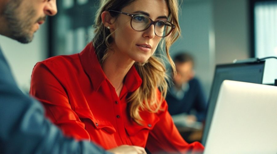 Dame werkt met collega achter een laptop