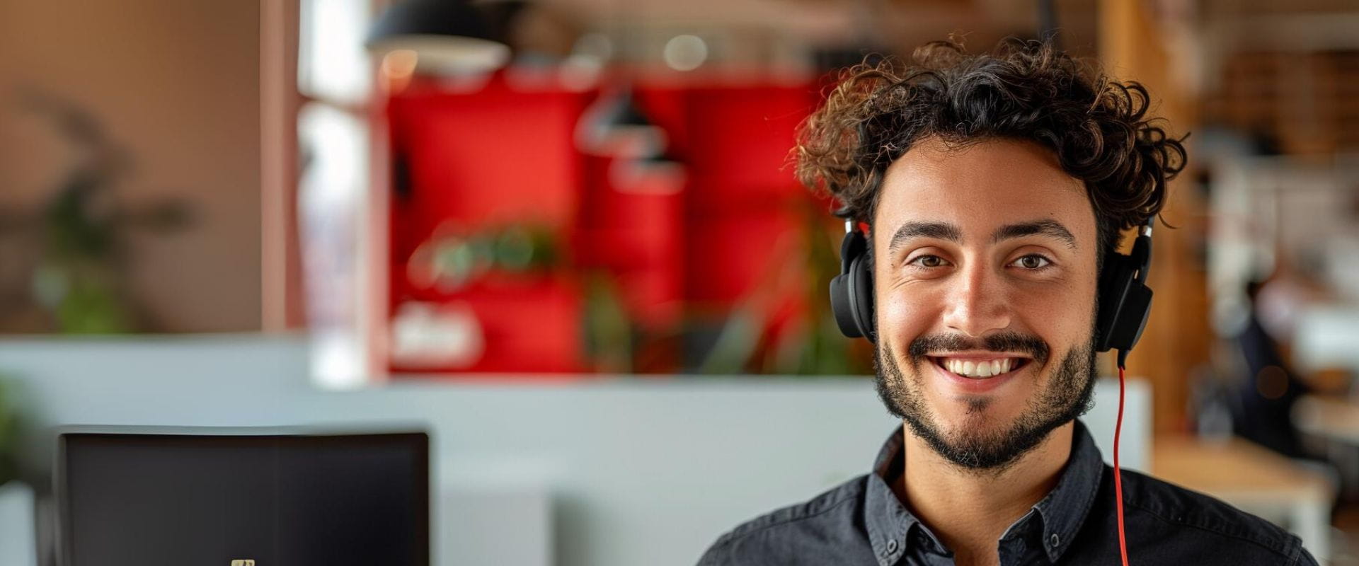 Lachende man met headset op