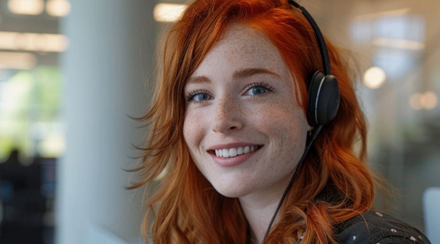 Vrolijke dame met headset op