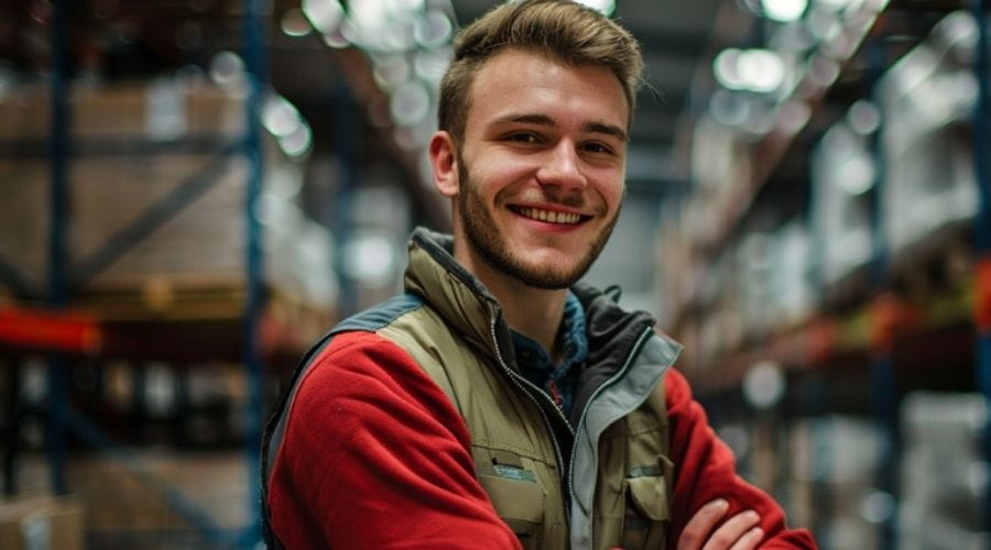Jongen in opslag met armen over elkaar heen geslagen