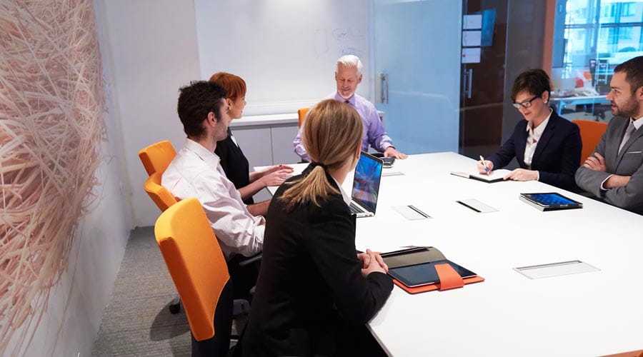 Senior leader facilitating a business meeting with colleagues