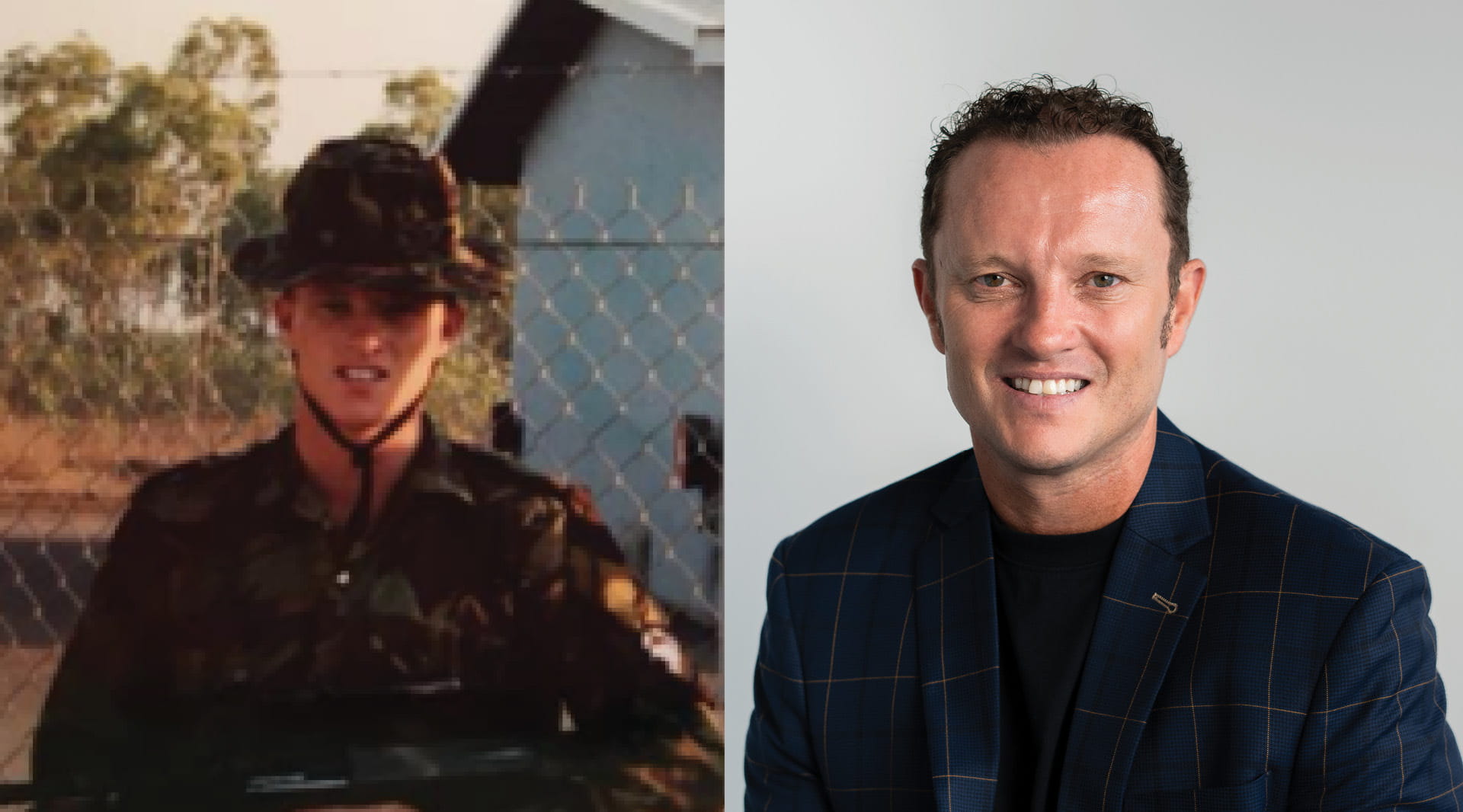 Side-by-side photos of a person: left in military uniform, right adjusted to the civilian life after service