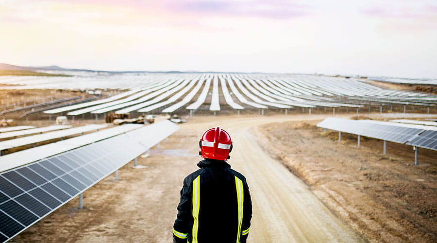 Travailleur debout devant une ferme solaire
