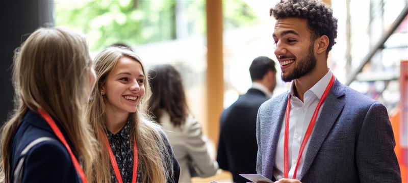 A lively conversation between three suited professionals at a trade fair