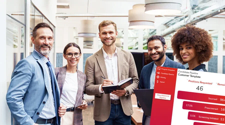 Group of five professionals standing in a modern office space. Group of five professionals standing in a modern office space.
