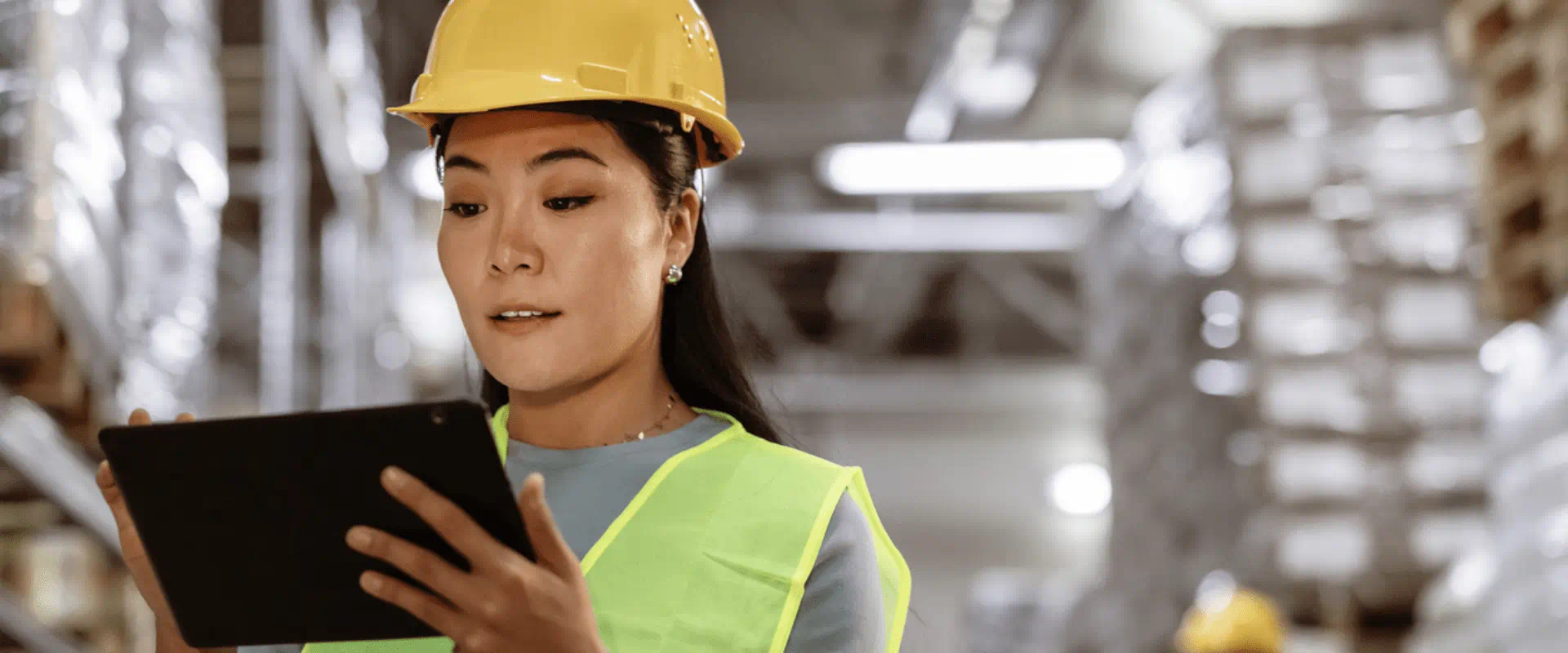 In a warehouse, a worker in a hard hat looks at a tablet In a warehouse, a worker in a hard hat looks at a tablet