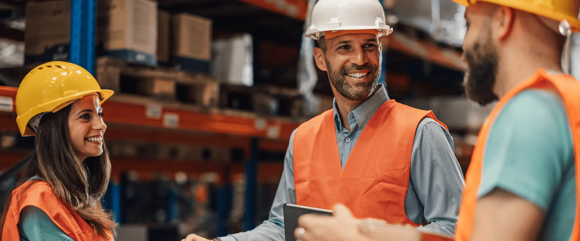 Three works in hardhats and safety vests laugh and shake hands Three works in hardhats and safety vests laugh and shake hands