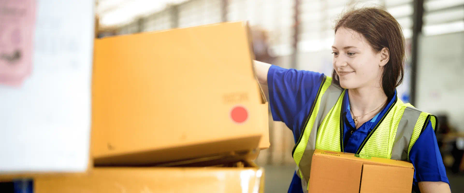 A young worker looks at a stack of boxes.