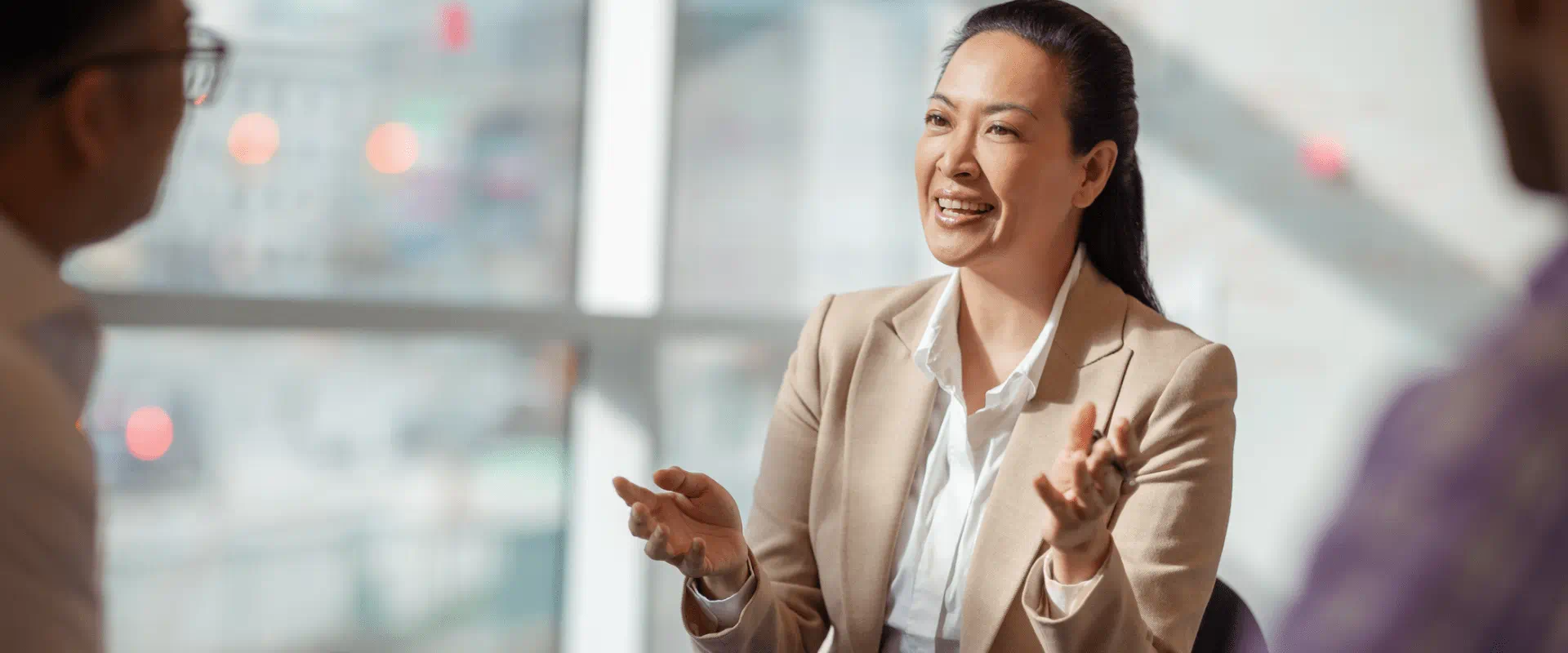 A job candidate talks to their two interviews A job candidate talks to their two interviews