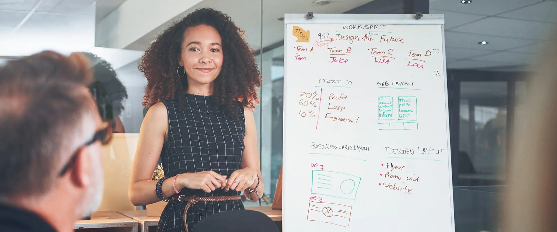 A young worker stands nervously next to a white board filled with writing. A young worker stands nervously next to a white board filled with writing.